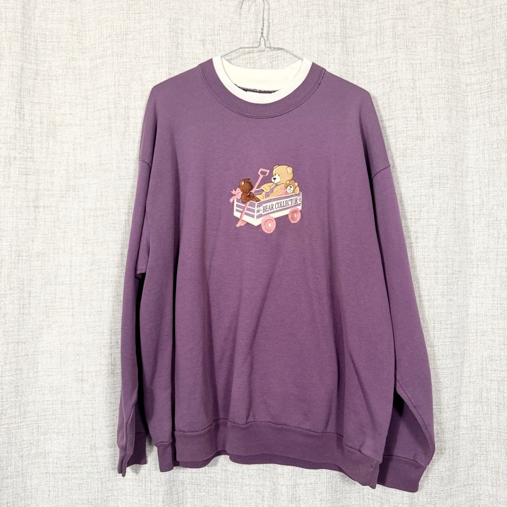 Vtg Teddy Bear Sweatshirt Sz XL Purple Bear Collector 90s Grandma Cottagecore - Picture 1 of 7